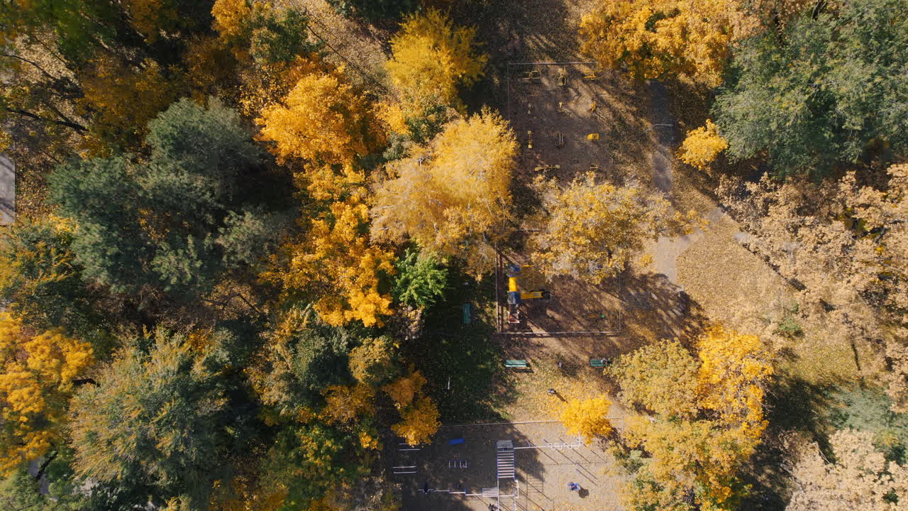 Aerial drone view of a square in Chisinau, Moldova. Park with yellowed trees and sports ground, vertical view