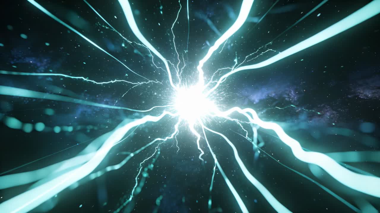 中央のエネルギーコアが明るくなり、宇宙空間でティール色の触手と粒子が放出される技術的バースト。