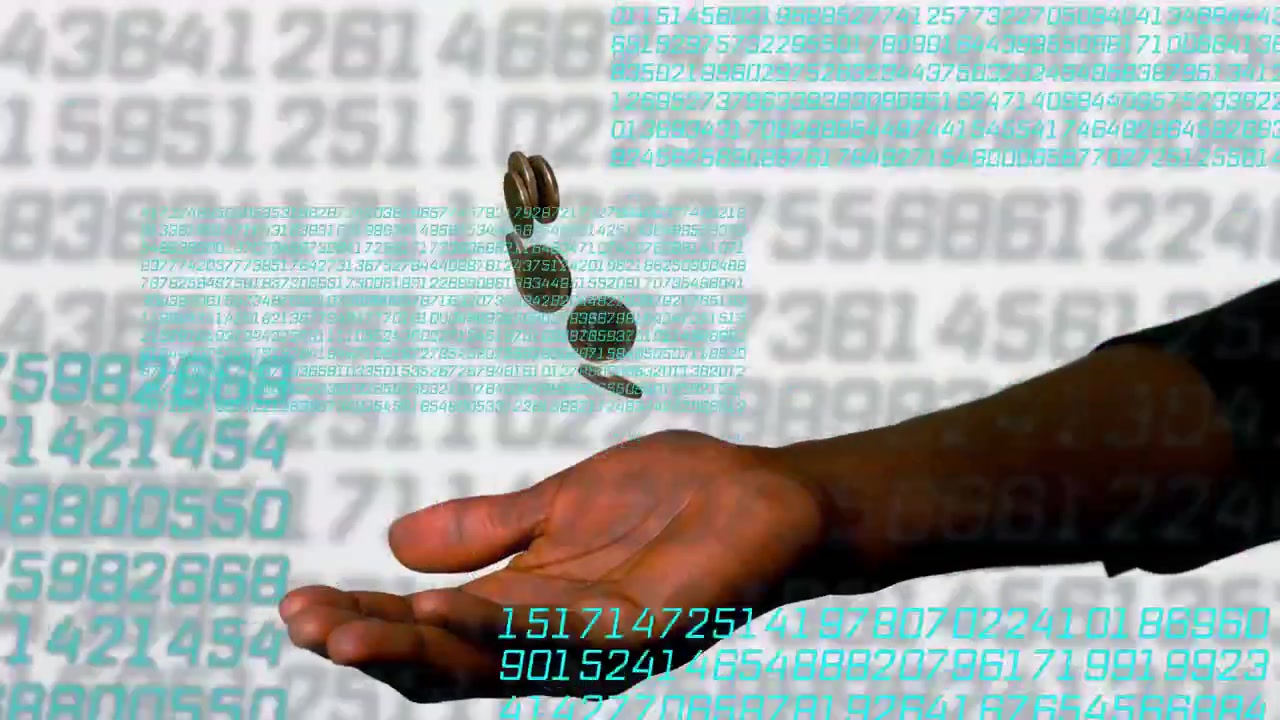 Un mouvement de bascule propulse des pièces à travers une superposition numérique, une main les rattrape et illustre le flux financier.
