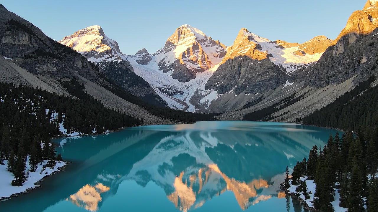 Cime montuose riflesse in un lago alpino turchese all'alba