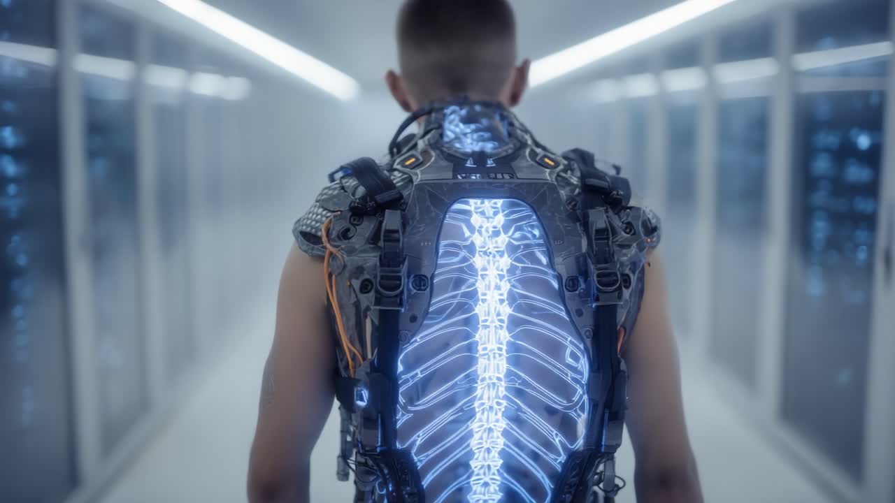 A Futuristic Cybernetic Exoskeleton Revealing a Luminous Spine in a High-Tech Corridor, Illustrating the Merge of Humanity and Advanced Technology