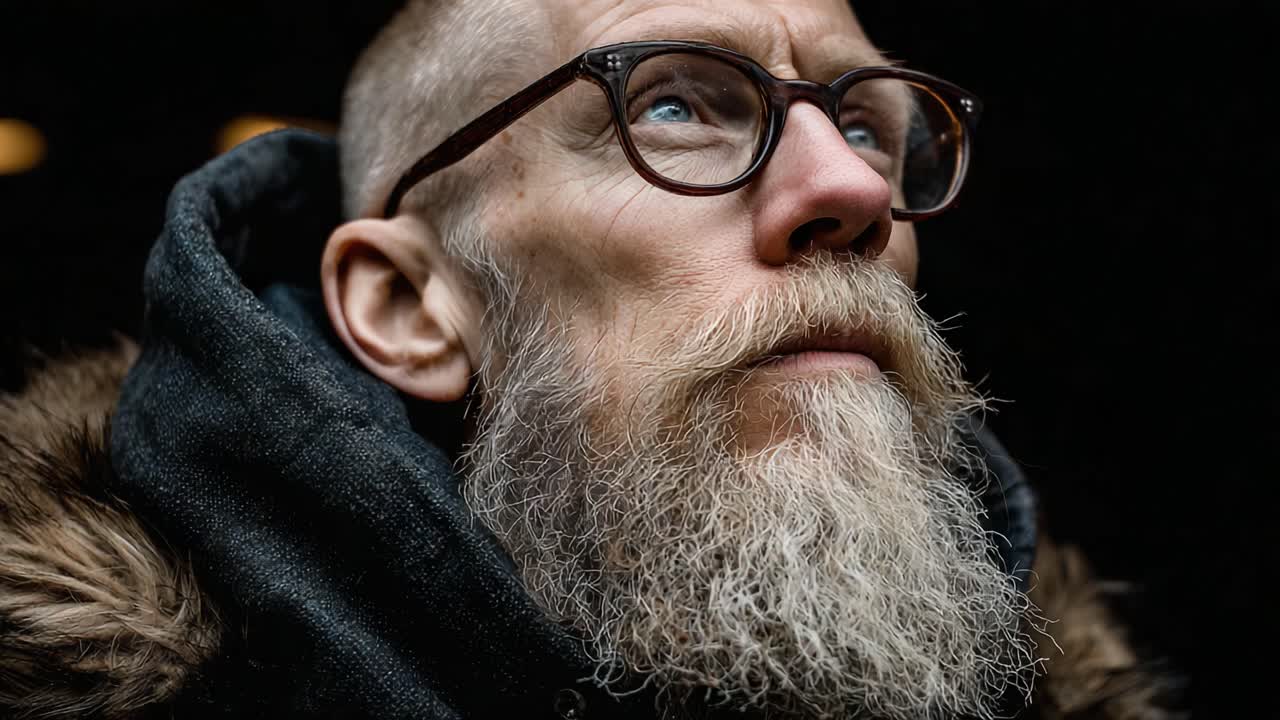 A Thoughtful Portrait of a Bearded Man with Glasses, Capturing Emotion and Depth Through a Close-Up Perspective Against a Softly Lit Background