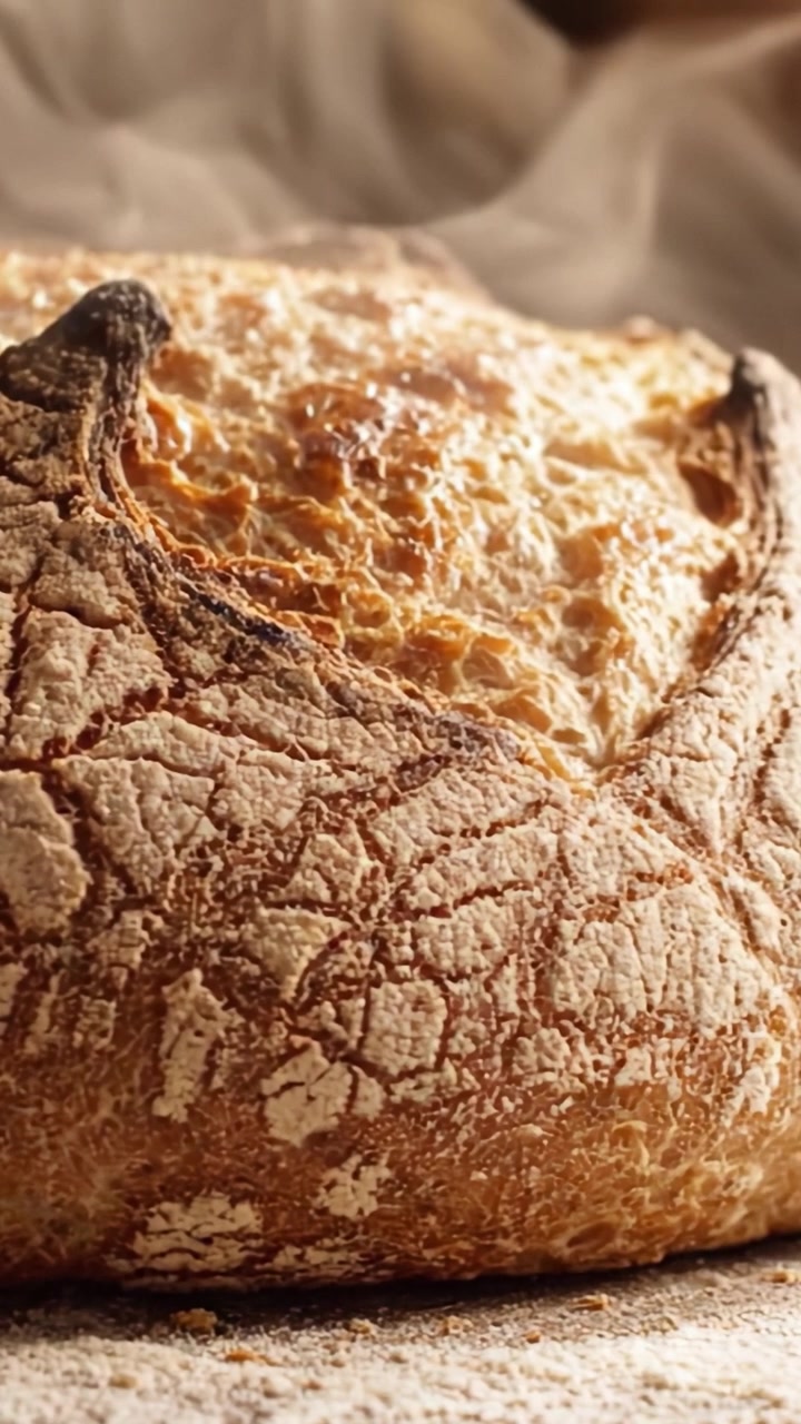 Pane Artigianale Appena Sfornato: Crosta Dorata con Aroma Fumante Catturato in Primo Piano, che Evidenzia le Consistenze e le Crepe Naturali sulla Superficie della Pagnotta