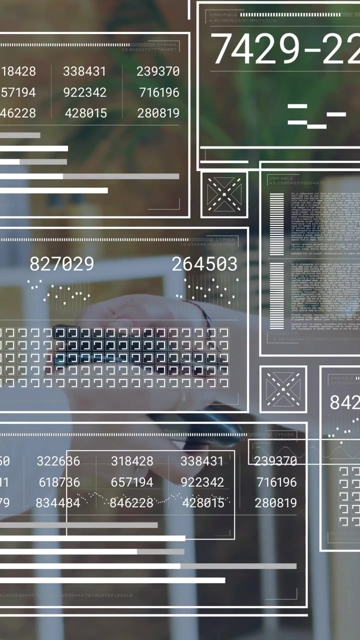Vertical video: Office worker hands tapping phone, swiping and updating HUD charts and finance data