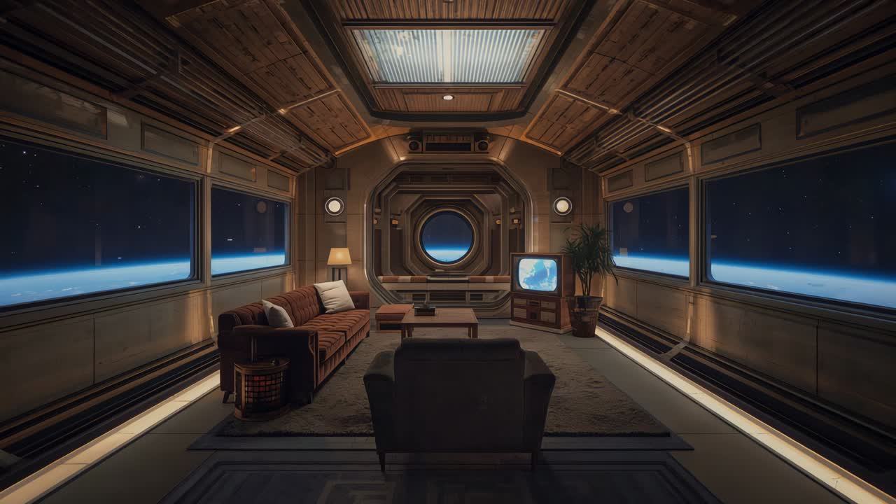Settling ship lounge lighting warming and camera zooming on spacecraft, revealing porthole
