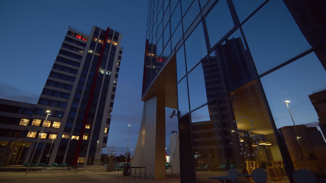 4K Moving shot of Business district with Skyscrapers in Early Morning
