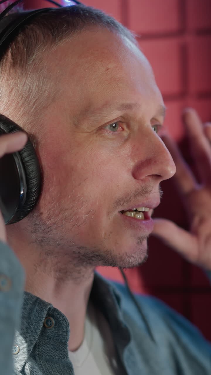 A man wearing a blue long sleeve shirt, white undershirt, and black headphones adjusts his headset while standing in front of a microphone in a red acoustic panel background, under soft, lighting