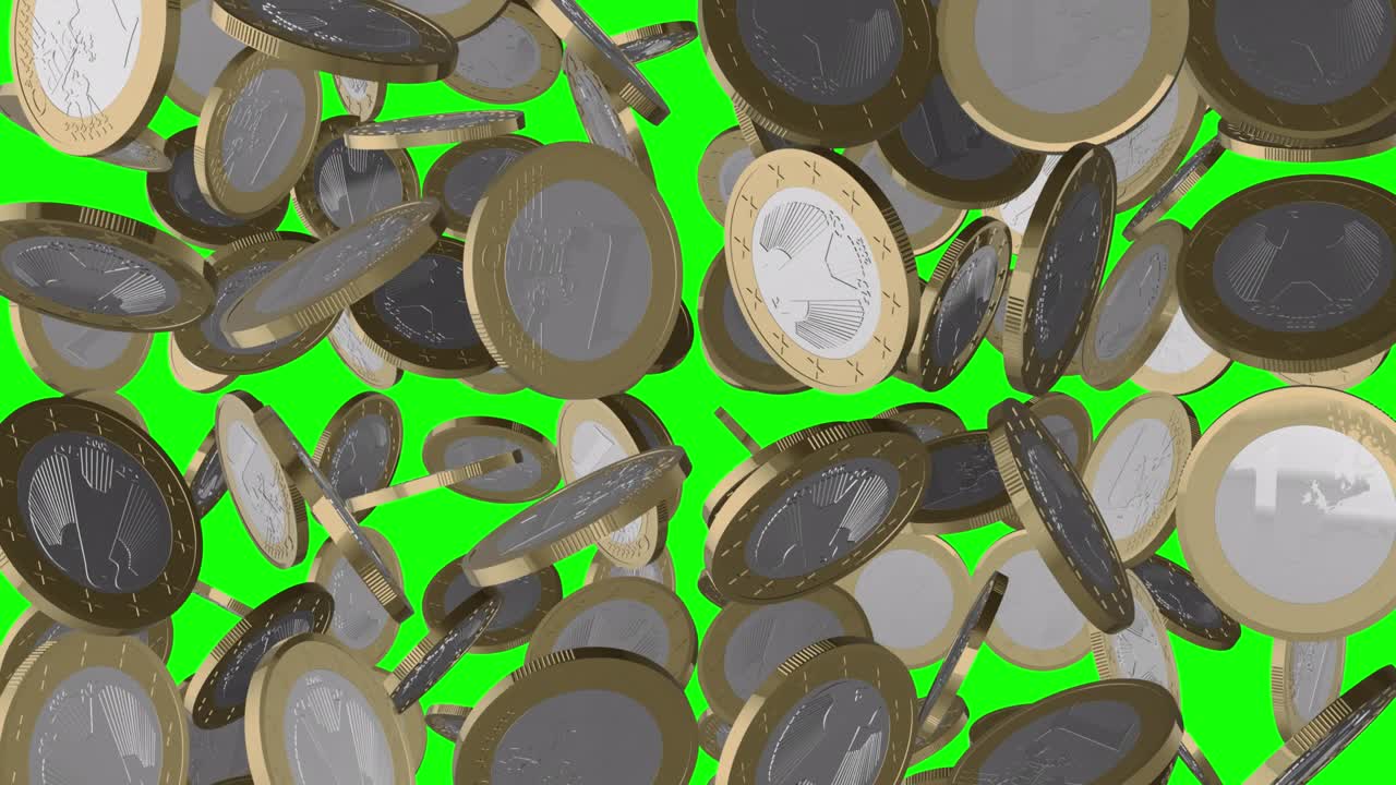 los símbolos de la moneda europea, el euro, giran y giran. el símbolo dorado del euro brilla. animación en bucle, pantalla verde, 3d, 4k