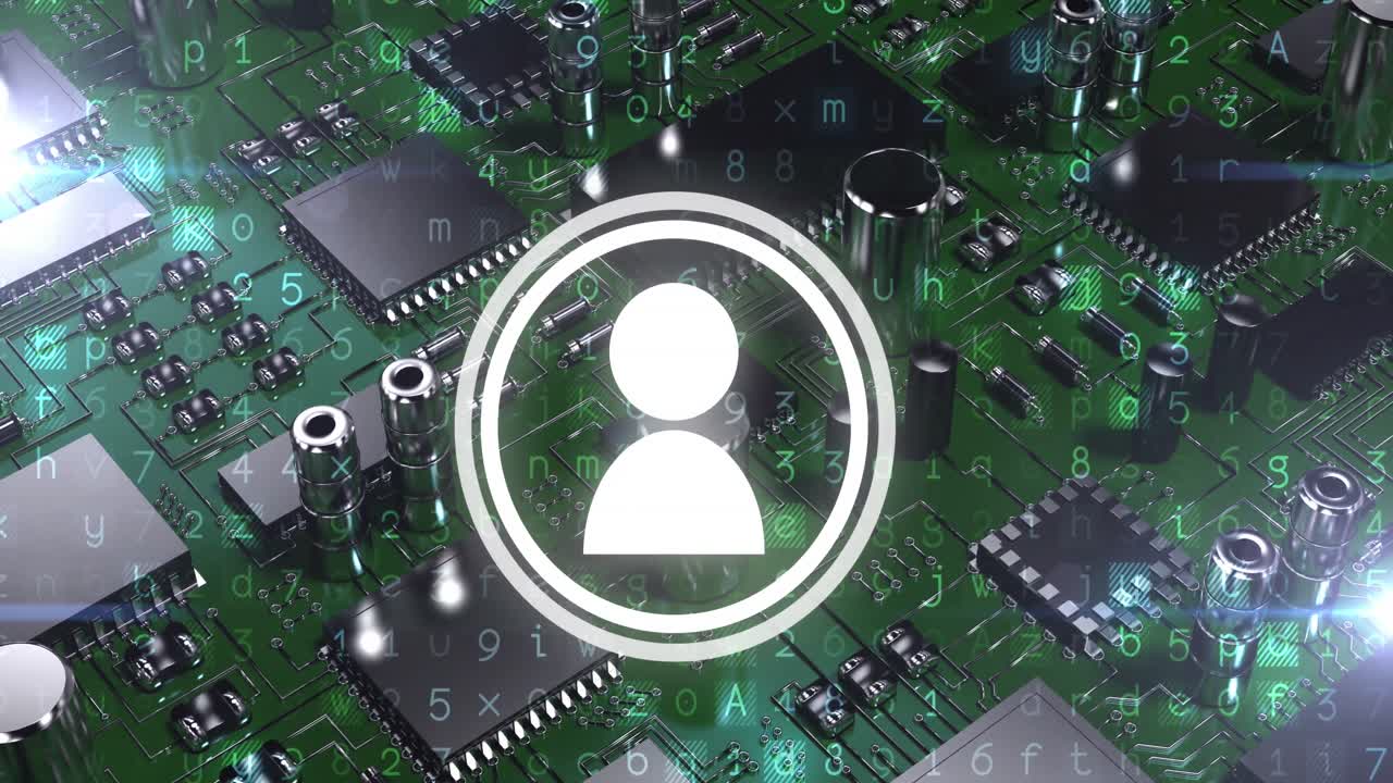 데이터 처리 및 디지털 사람 아이콘과 함께 컴퓨터 회로판의 애니메이션