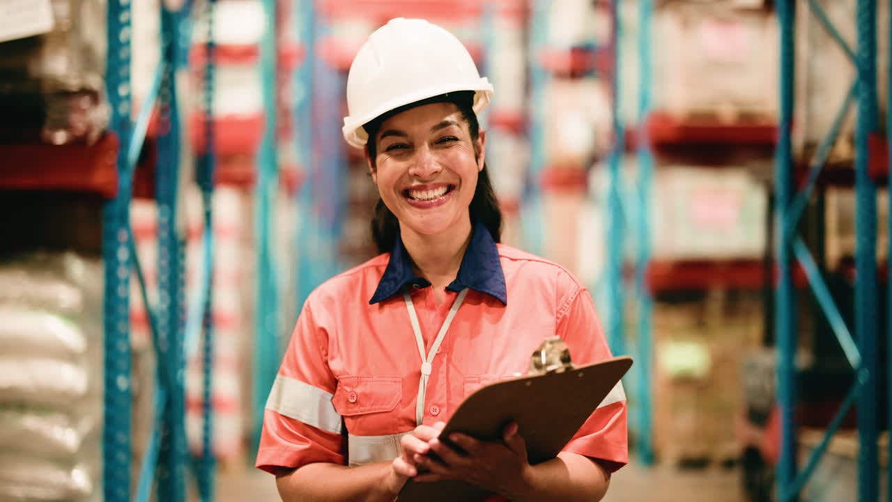 Lavoratrice fiduciosa che sorride in un magazzino industriale