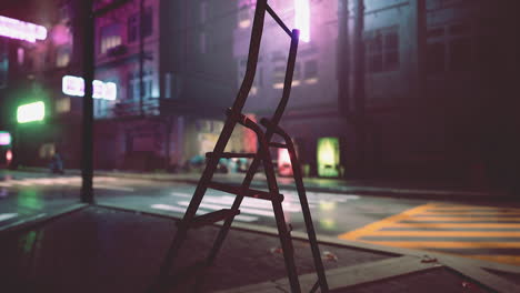 cyberpunk city street at night with ladder