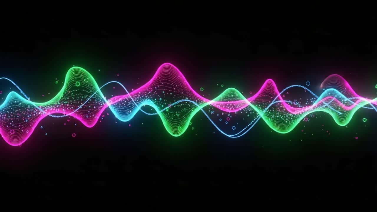 A Vibrant Spectrum of Audio Waves Captured in Motion, Showcasing the Dynamic Flow of Sound Represented by Colorful Particles Amidst a Dark Background