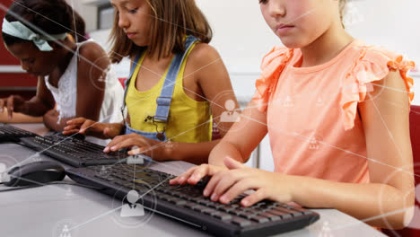 Animation of network of connections over happy diverse pupils using computers at school