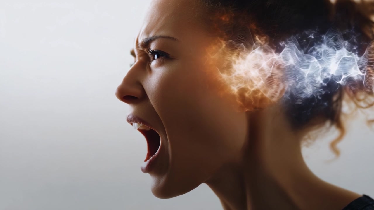 Intense Emotional Expression: A Woman's Profound Anger as Visualized by Creative Effects Reflecting the Turmoil within Her Mind and Body