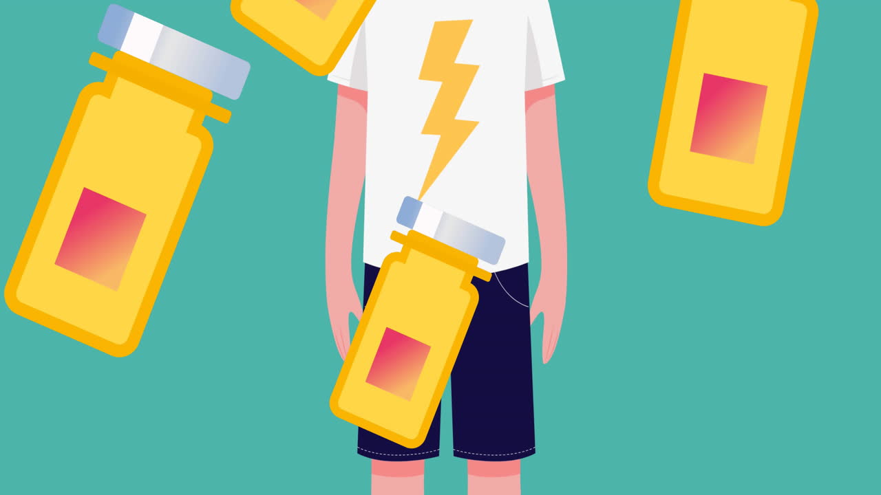 코로나바이러스 백신 병의 애니메이션이 파란색 배경에 얼굴 마스크를 쓰고 있는 소년을 가로질러 움직입니다.