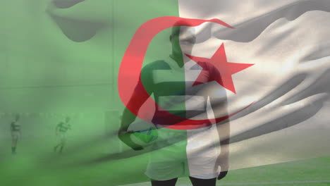 animación de la bandera de argelia sobre jugadores de rugby afroamericanos en el estadio.