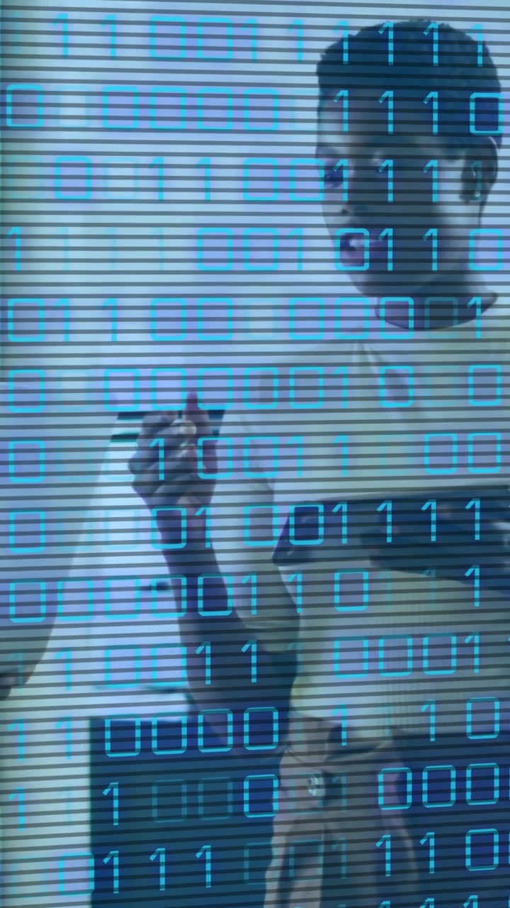 Vertical video: Host raising hand gesturing to device binary overlay matching hands for tech demo