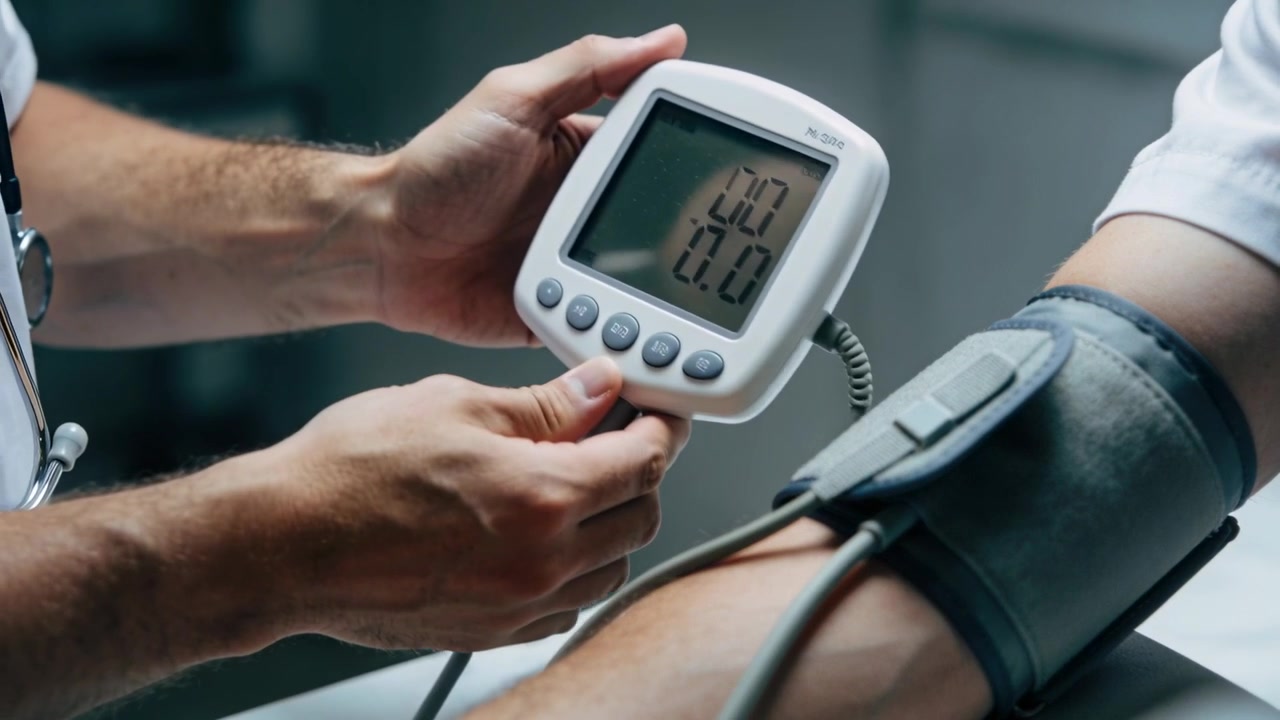 Avvio della misurazione: un clinico con camice bianco allaccia un bracciale grigio in clinica, collegando il monitor.