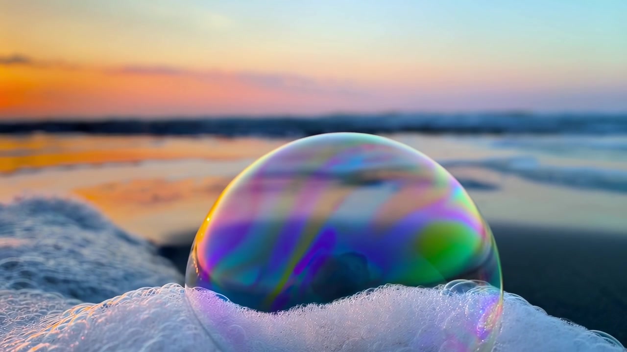 Bolla di sapone iridescente sulla schiuma del mare al tramonto in spiaggia