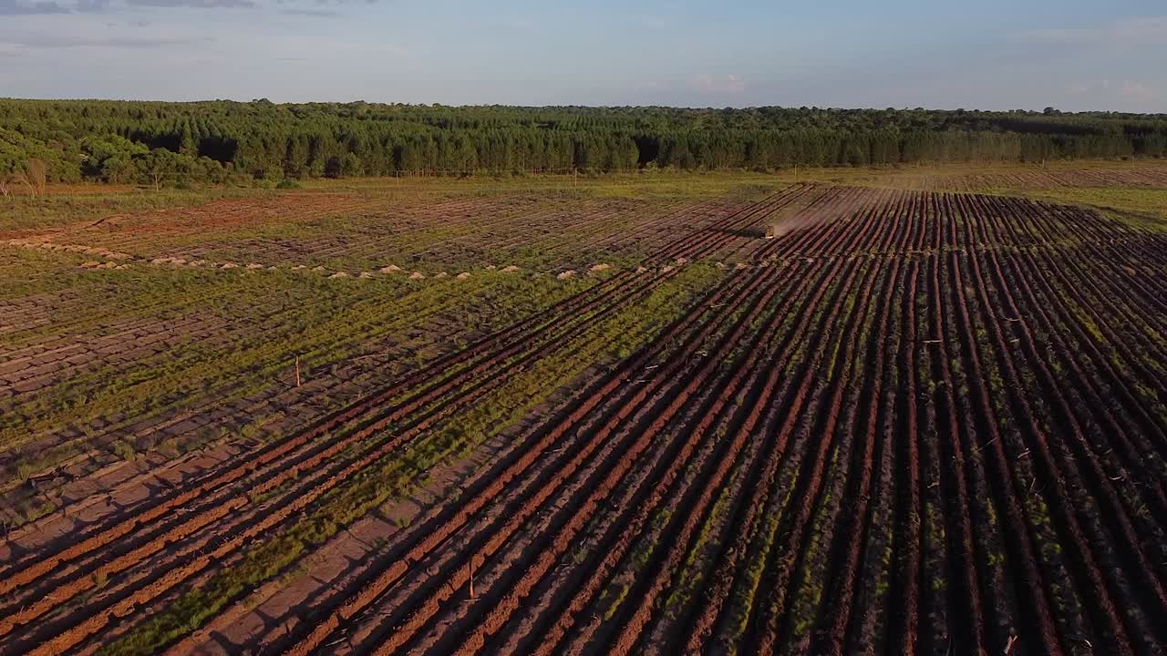 toma aérea de un drone de una tierra agrícola recién preparada entre un bosque en posadas de misiones argentina