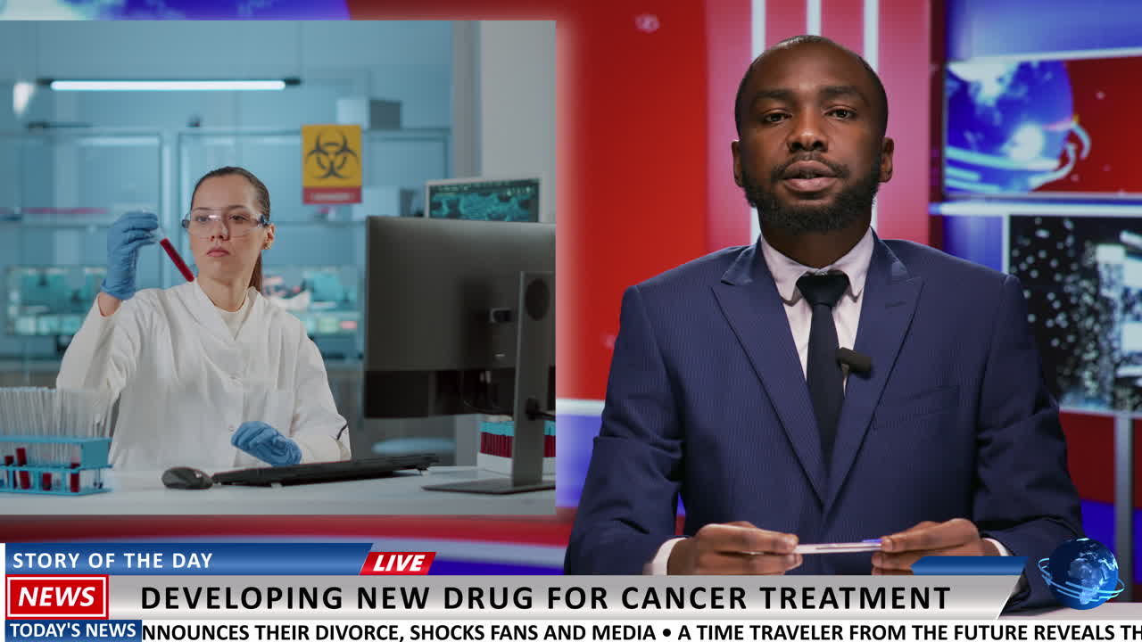 미디어 진행자 과학 실험을 보여줍니다.