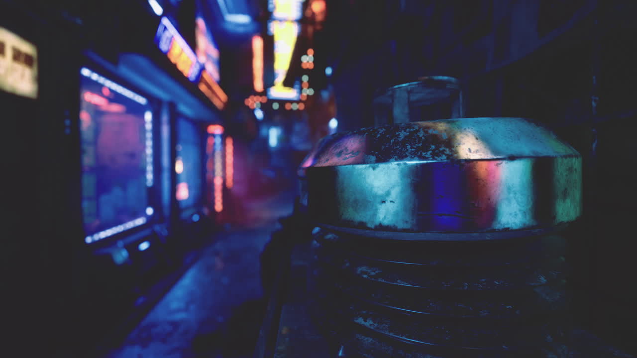 Neon lights illuminate narrow alleyway with industrial focus at night