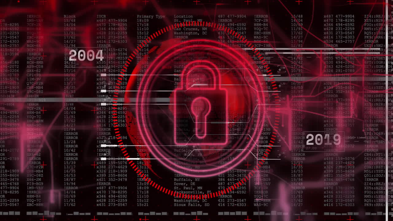Digital lock icon symbolizing cybersecurity over data and numbers in animation