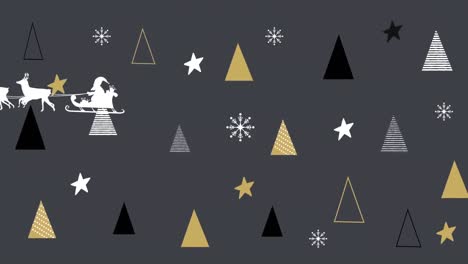 Animation-of-christmas-trees-and-santa-in-sleigh-with-reindeer-on-black-background