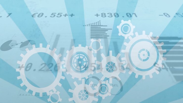 Animation of cogs and data processing over stripes on blue background