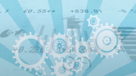 Animation of cogs and data processing over stripes on blue background