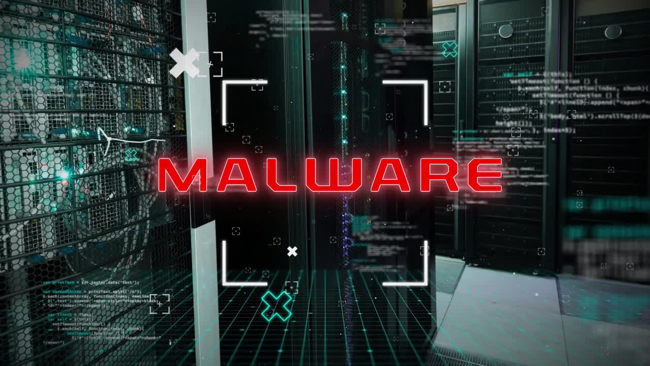 animación de texto de malware y procesamiento de datos digitales a través de servidores informáticos