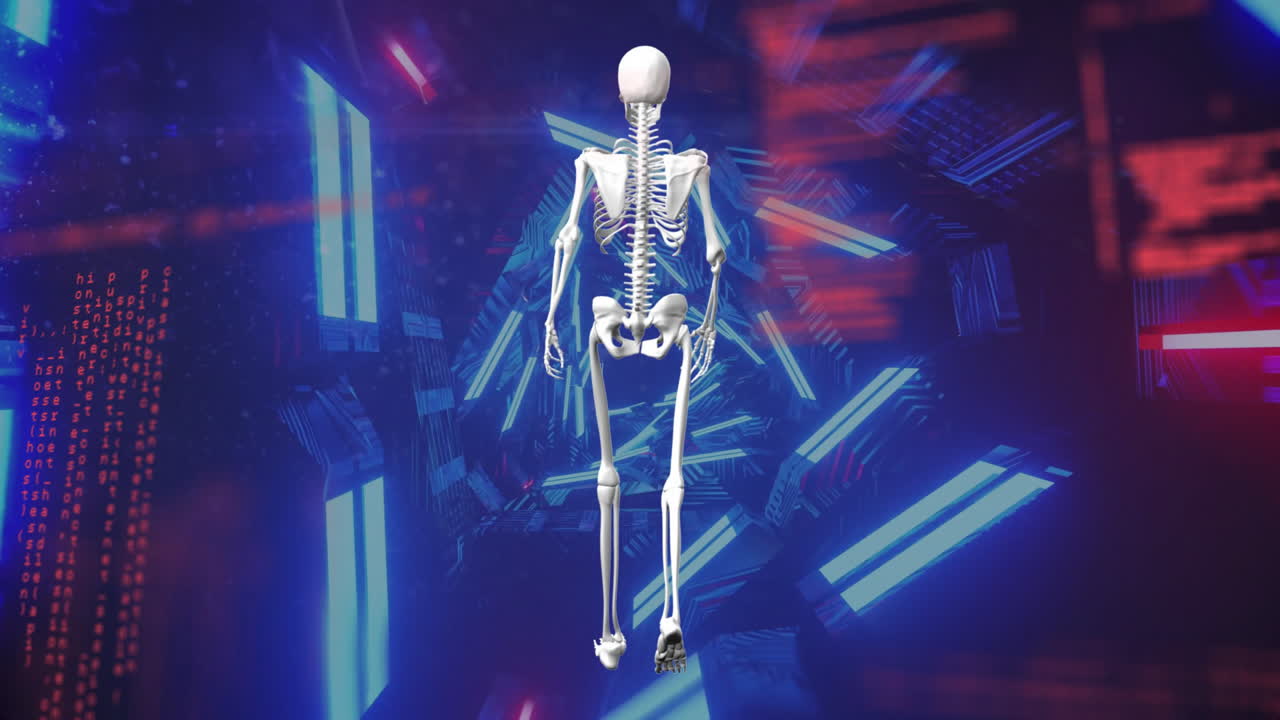 Animation of human skeleton rotating over futuristic blue and red geometric background