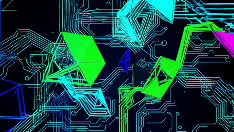 abstract neon geometric shapes on circuit board background