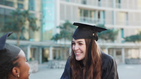 graduation, friends hug and excited students