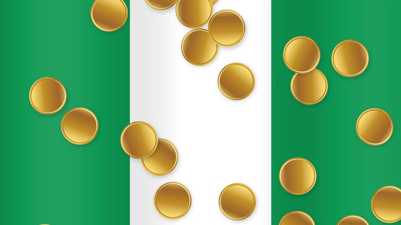 Moedas de Ouro Caindo Sobre a Bandeira da Nigéria