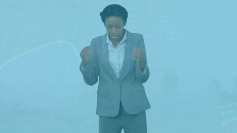 Animation-of-data-processing-over-african-american-businesswoman-with-box-screaming