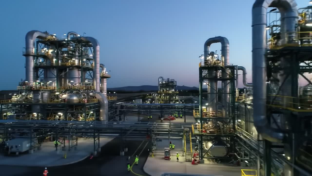 Advanced Industrial Facility at Dusk: A Stunning View of High-Tech Equipment and Operations Illuminated by the Evening Sky