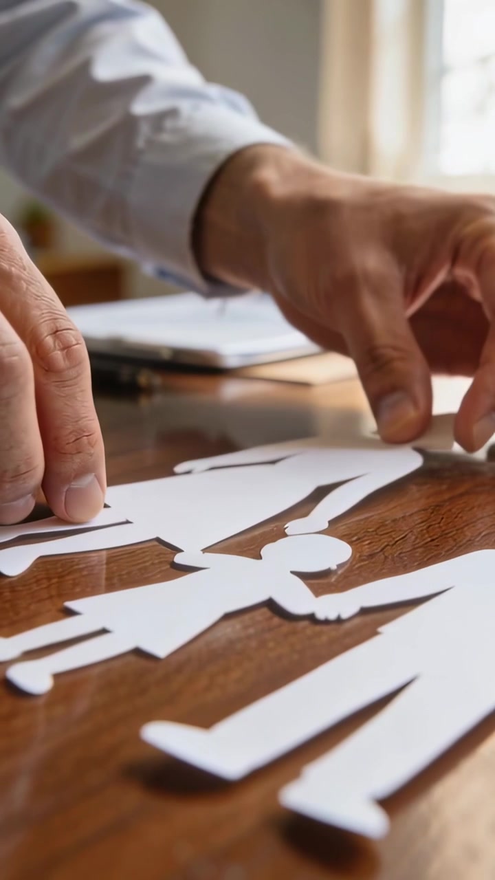 Vertical video: Reaching hands in white shirt placing family cutouts on table, implying family bond