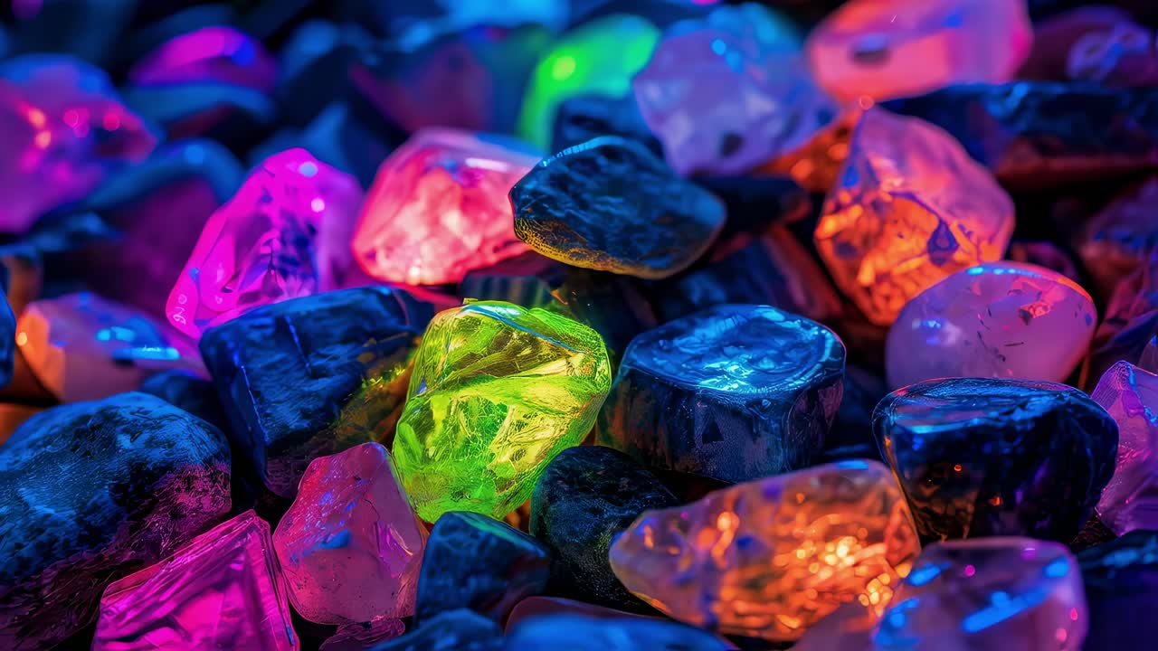 Multicolored fluorescent rocks are glowing under ultraviolet light, creating a vibrant and otherworldly scene with an assortment of colorful, glowing rocks