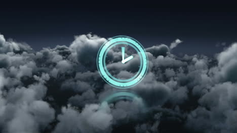 animation of clock with moving hands over cloudy sky