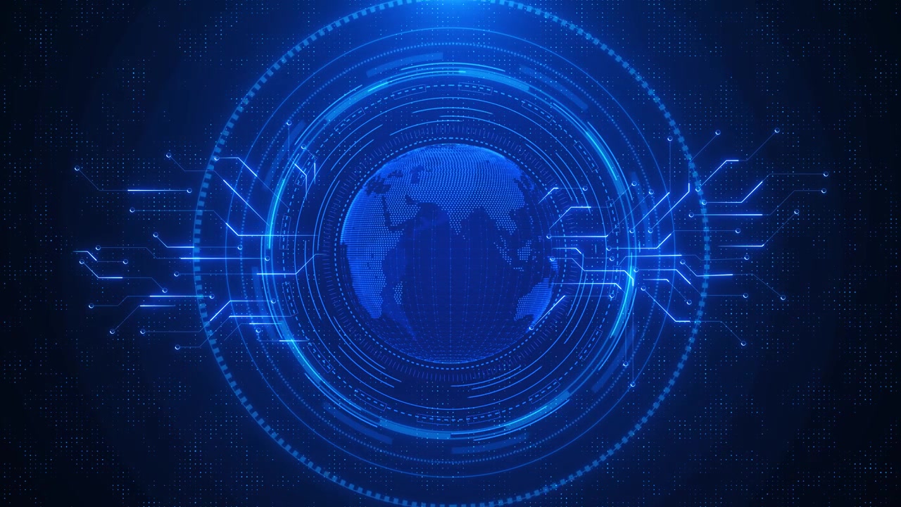 Blue digital globe data interface circular hud rings glowing circuit connections dotted world map