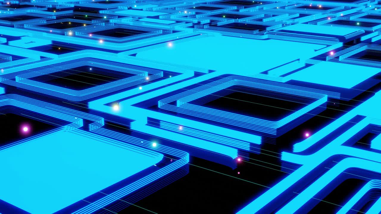 vj abstracto ciencia ficción futurista bg. volar sobre holograma multicapa 3d patrón complejo. luz de neón o gradiente de color azul brillante. vista isométrica. formas simples patrón periódico. como en la cinta transportadora