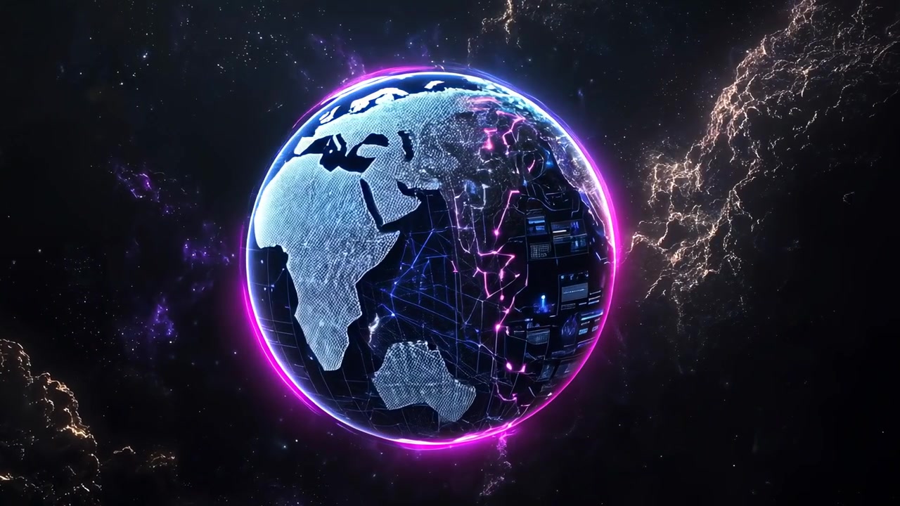 Mappamondo digitale in rotazione con visualizzazione della rete di dati