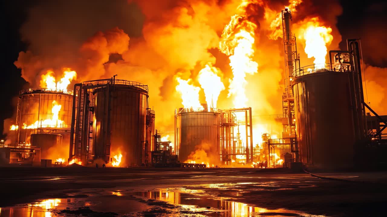 A large industrial plant with lots of flames coming out of it