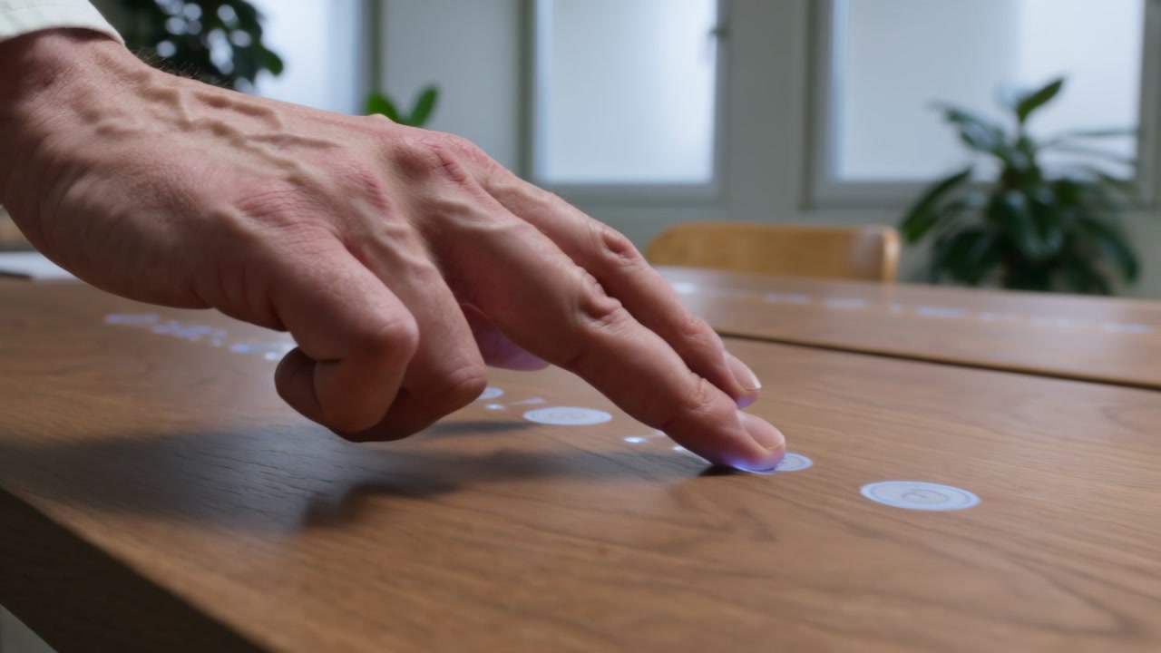 Tapping right hand and cuff sliding wood table controls in meeting room, lighting purple for setup