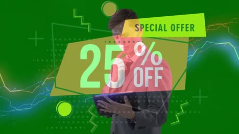 Animation-of-special-offer-sale-text-over-businessman-using-tablet