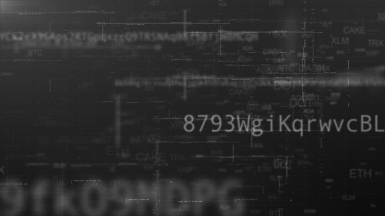 Futuristic cryptocurrency blockchain simulation of cryptographic hash mining concept, performing analytic computational head up display loop background