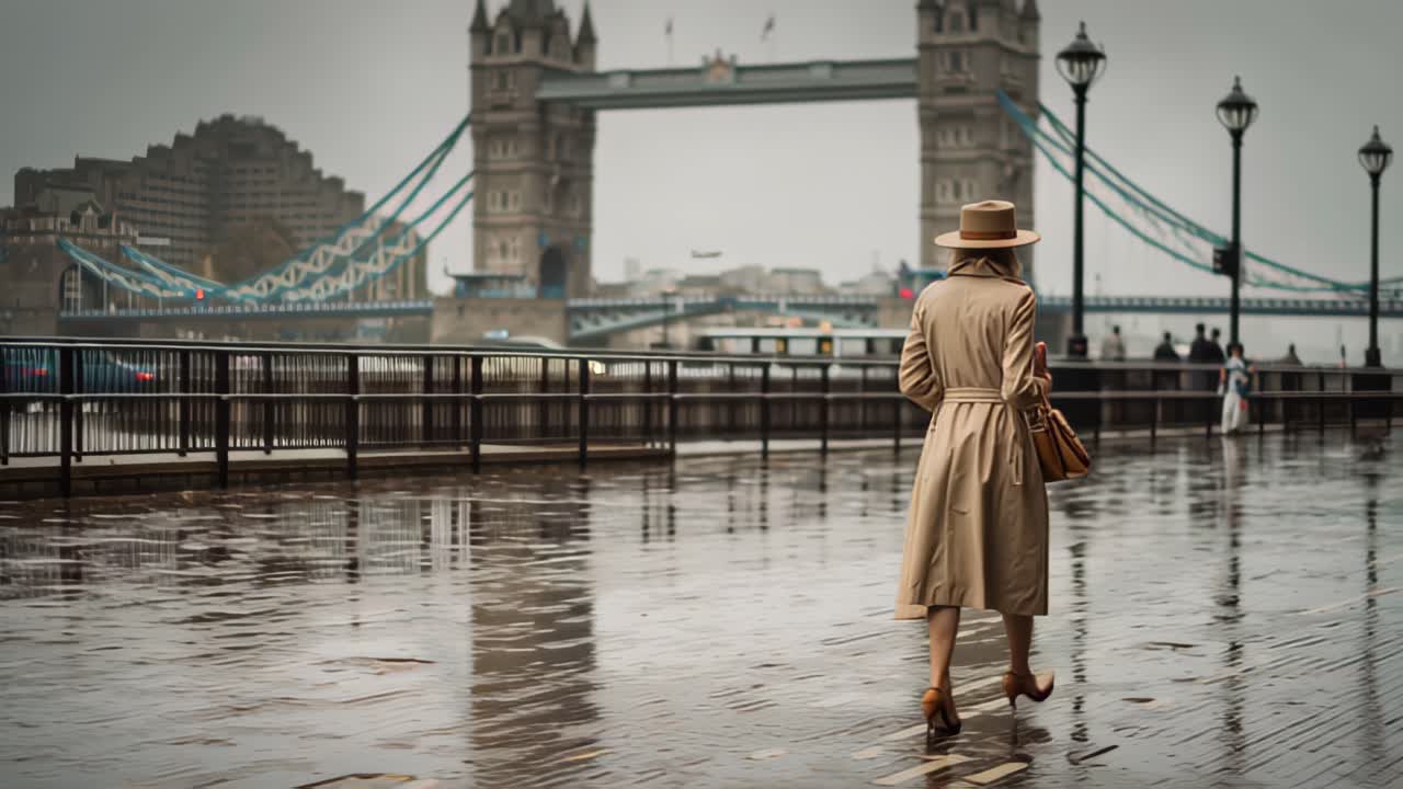 Imagens cinematográficas de uma mulher com sobretudo bege e chapéu caminhando pela orla molhada do rio com a Tower Bridge ao fundo, em Londres, Inglaterra, Reino Unido