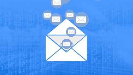 Animation-of-envelopes-over-data-processing-on-blue-background