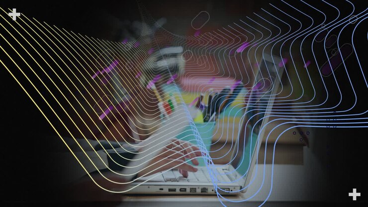 Animation of purple trails and lines over studding people